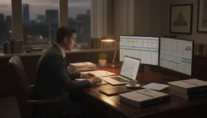 Real estate investor reviewing portfolio budget and financial forecasts on spreadsheets and property charts