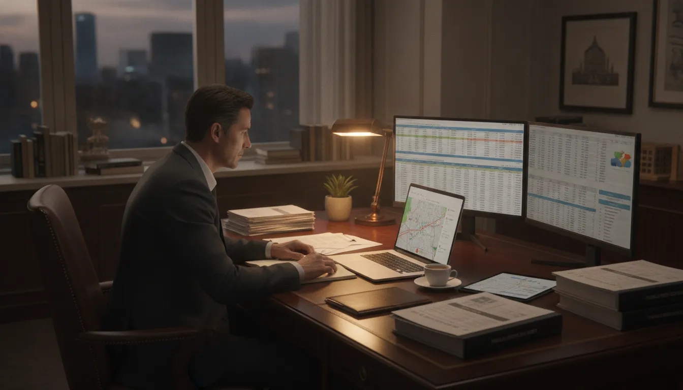 Real estate investor reviewing portfolio budget and financial forecasts on spreadsheets and property charts
