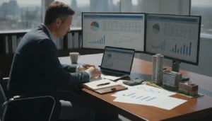 Real estate investor reviewing portfolio financial forecast charts and analysis data