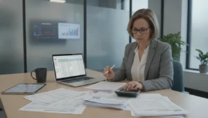 Real estate investor reviewing tax documents and property paperwork at a desk with calculator and IRS forms