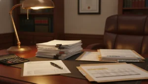 CPA desk with IRA documents and real estate property files