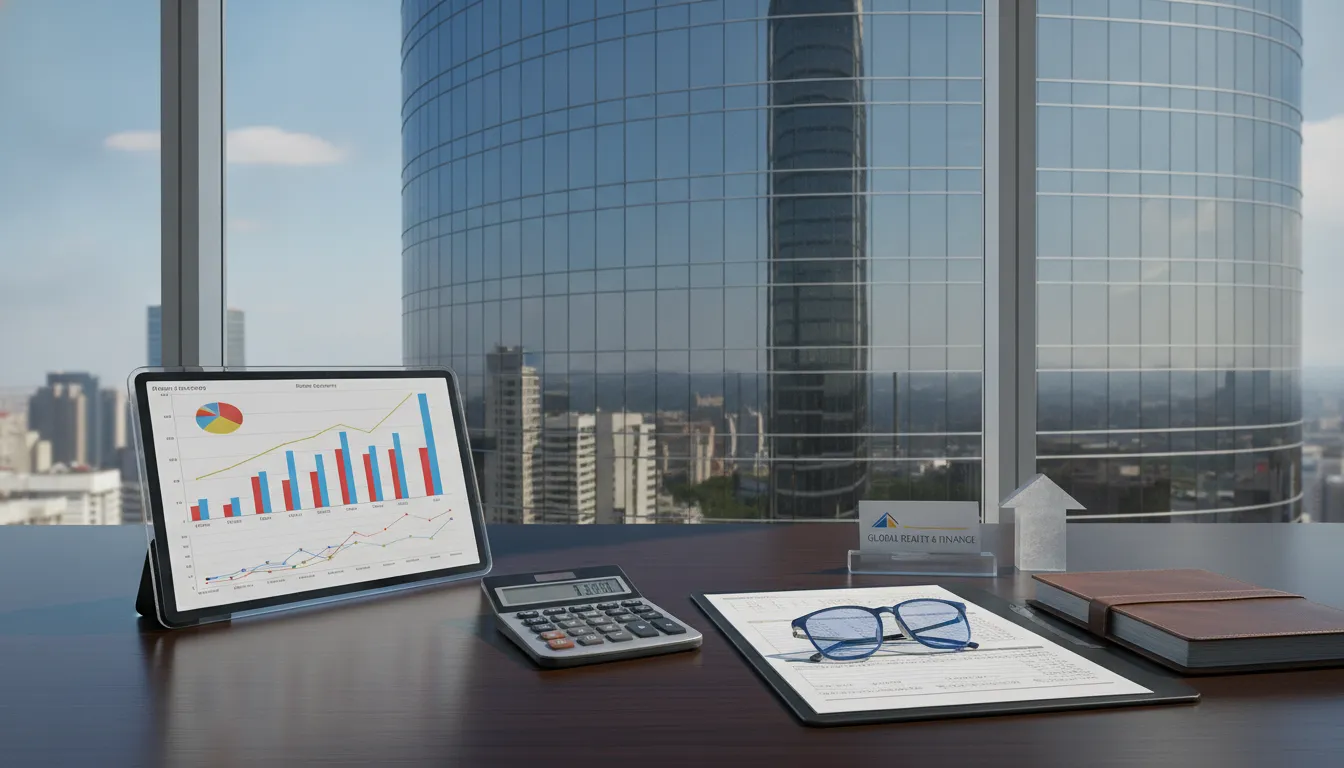 Triple net lease accounting financial ledger and modern commercial office building