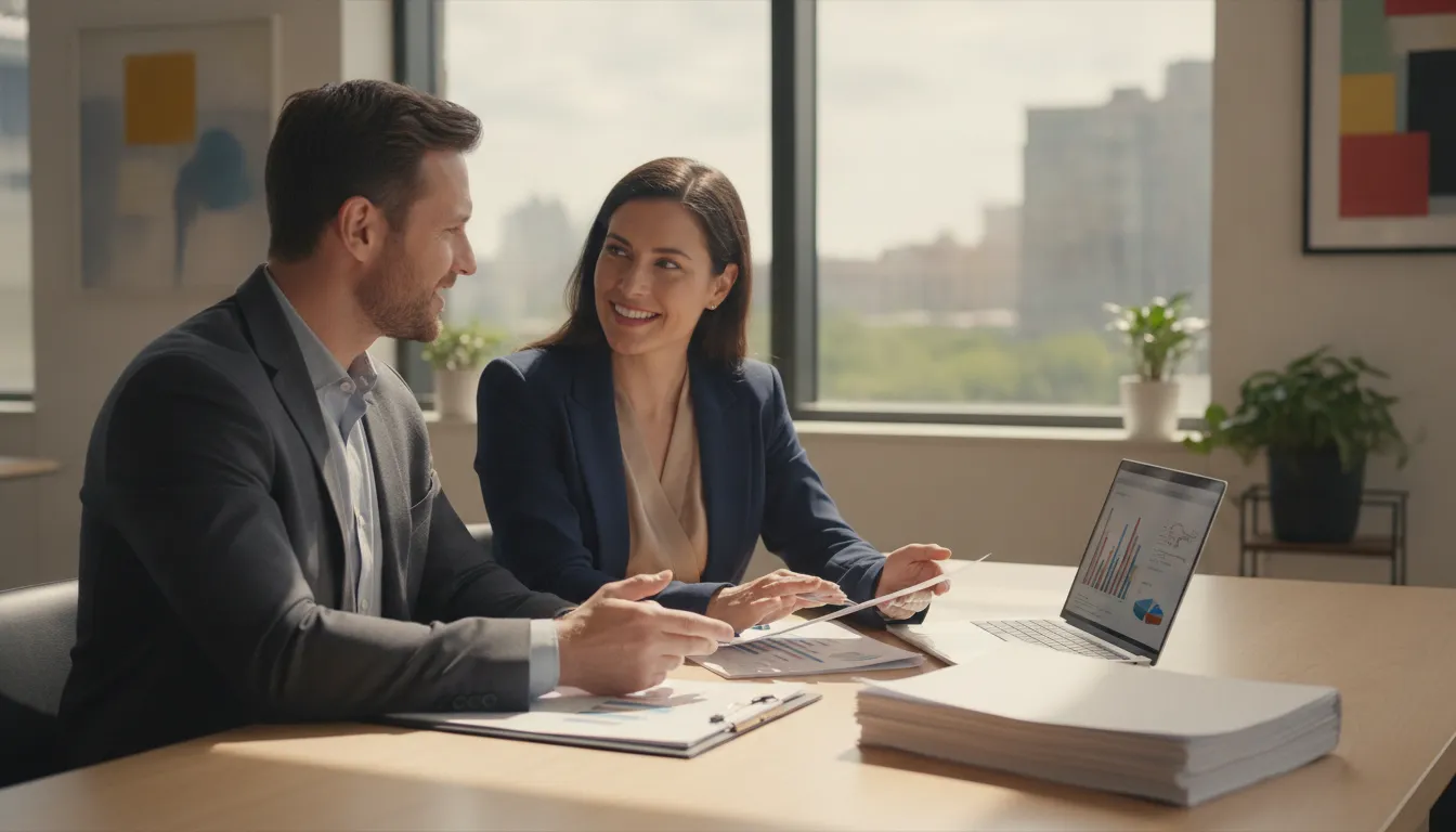 Real estate investor and CPA reviewing portfolio financial reports at a bright office desk