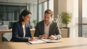 Real estate investor and financial advisor reviewing a multi-property portfolio