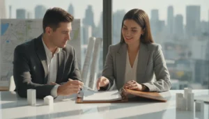 A real estate investor and a CPA advisor planning a growing multi-property portfolio together at a bright office with a city skyline