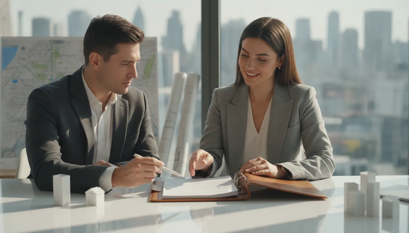 A real estate investor and a CPA advisor planning a growing multi-property portfolio together at a bright office with a city skyline
