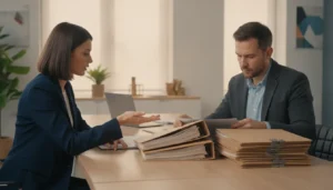 Accountant and real estate investor reviewing portfolio documents together
