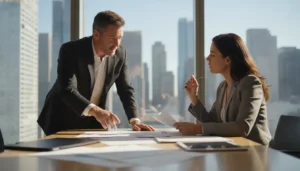 Real estate investor and CPA reviewing property financials at a bright office desk