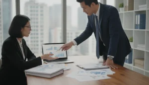 Real estate investor reviewing property financial reports with a professional accountant