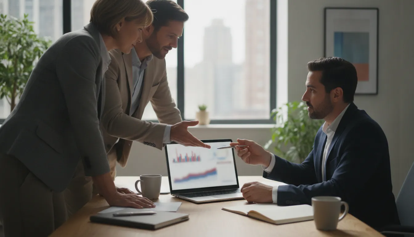 Real estate investors reviewing portfolio cash flow with a financial advisor at a desk