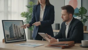 Real estate investor reviewing property documents with a CPA advisor in a bright office