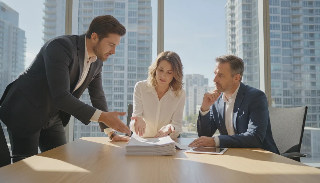 Financial advisors reviewing partnership tax documents with a real estate investor in a modern office