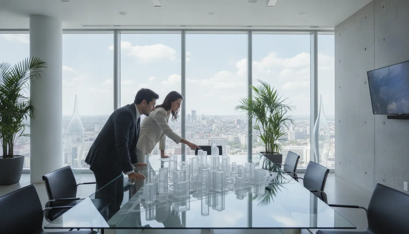 Fractional CFO and real estate investors reviewing portfolio performance in a modern office