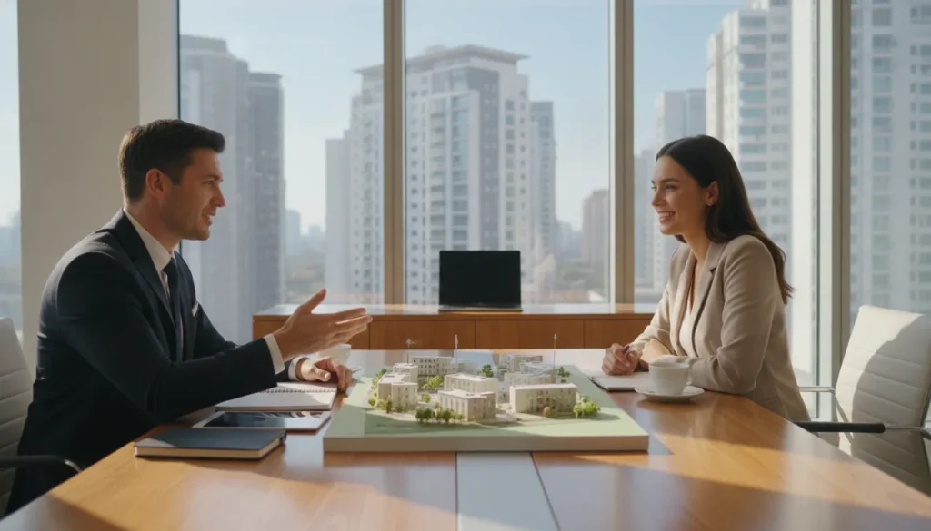 Financial advisor and real estate investor discussing portfolio scaling strategy