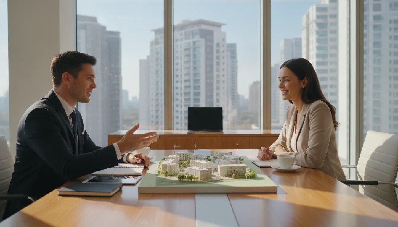 Financial advisor and real estate investor discussing portfolio scaling strategy