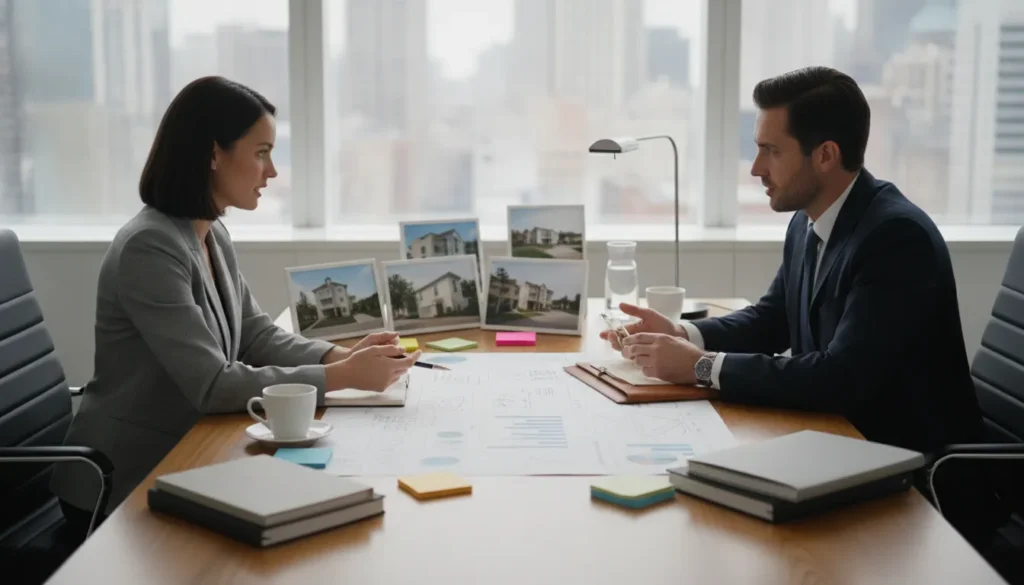 Real estate investor and CPA reviewing rental property tax documents at a desk