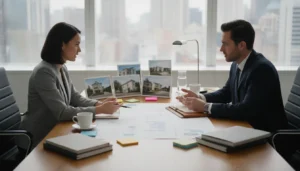 Real estate investor and CPA reviewing rental property tax documents at a desk