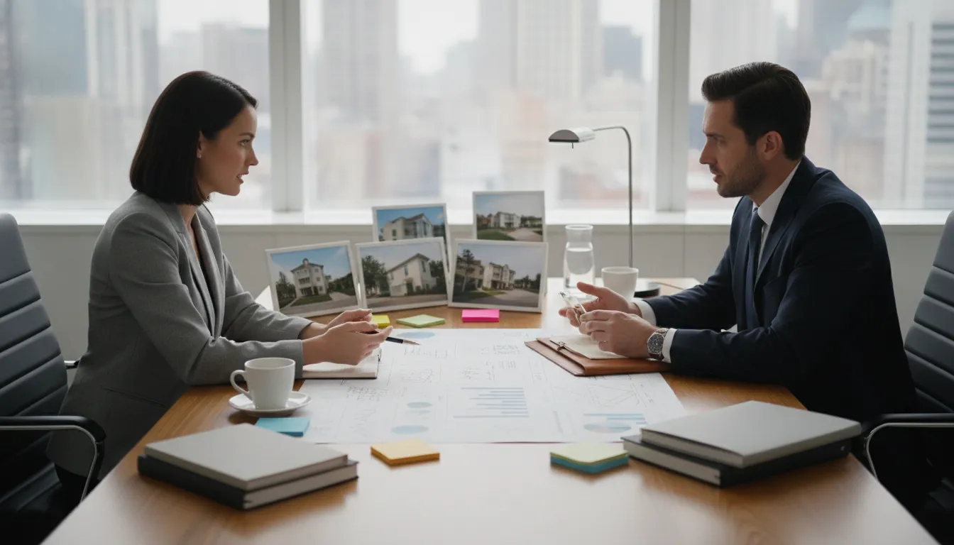 Real estate investor and CPA reviewing rental property tax documents at a desk