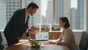 A real estate investor and a CPA advisor reviewing tax planning documents for rental properties