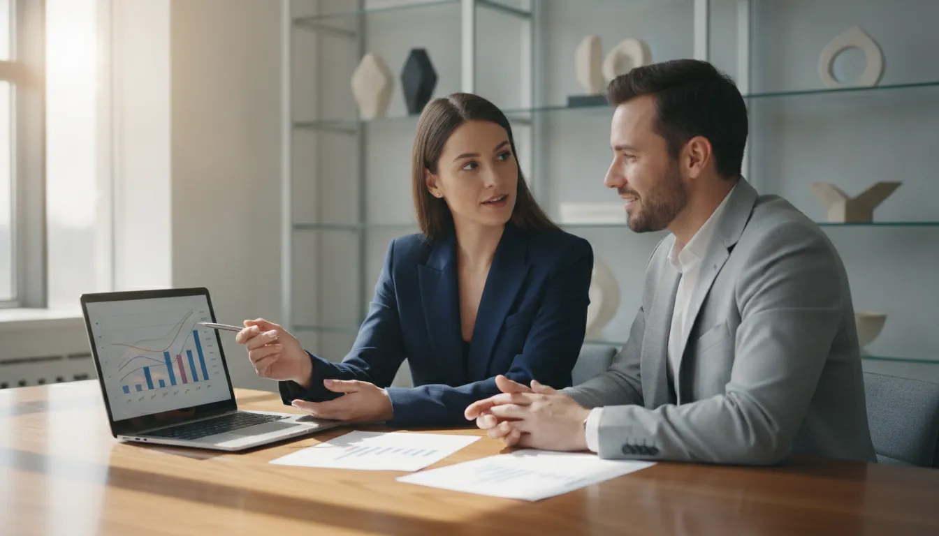 Real estate investor and advisor reviewing portfolio financial performance in a bright office