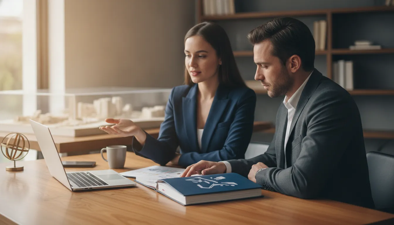 Real estate advisor and investor reviewing financial documents together