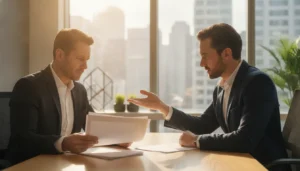 A CPA advisor meeting with a real estate investor to review portfolio tax strategy at a bright office desk