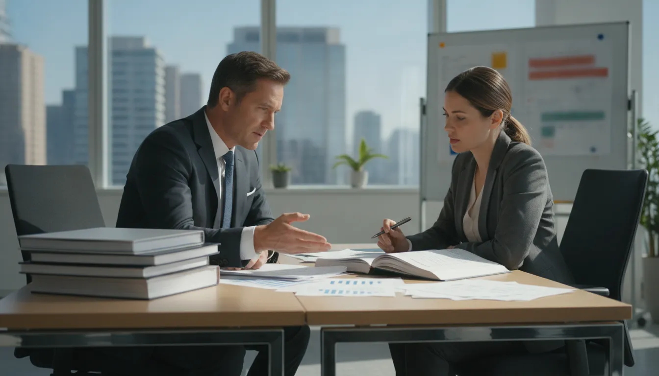 Real estate investor and CPA advisor reviewing a property portfolio in a bright office