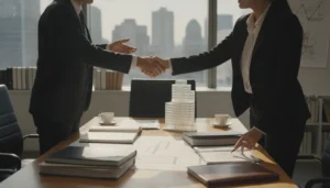 Real estate investor meeting with a CPA in a professional office, reviewing property documents and tax strategy materials on a conference table