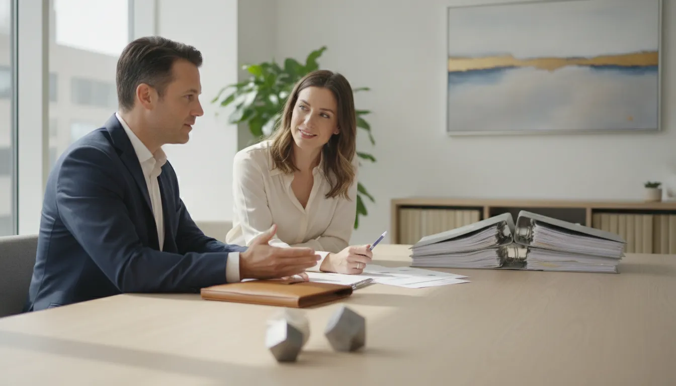 CPA advisor and real estate investor reviewing rental property finances in a bright office