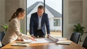 Real estate investor and CPA advisor reviewing property documents at a bright office table with a renovated rental property visible through the window