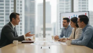 CPA advisor meeting with real estate syndicator investors in a modern office