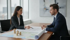 Financial advisor reviewing a real estate investment portfolio with an investor at a desk