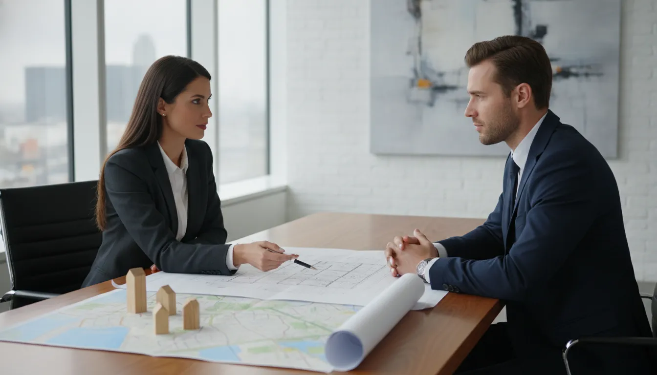 Financial advisor reviewing a real estate investment portfolio with an investor at a desk