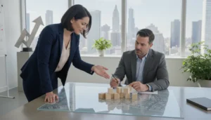 Real estate investor reviewing portfolio growth with a professional CFO advisor in a modern office