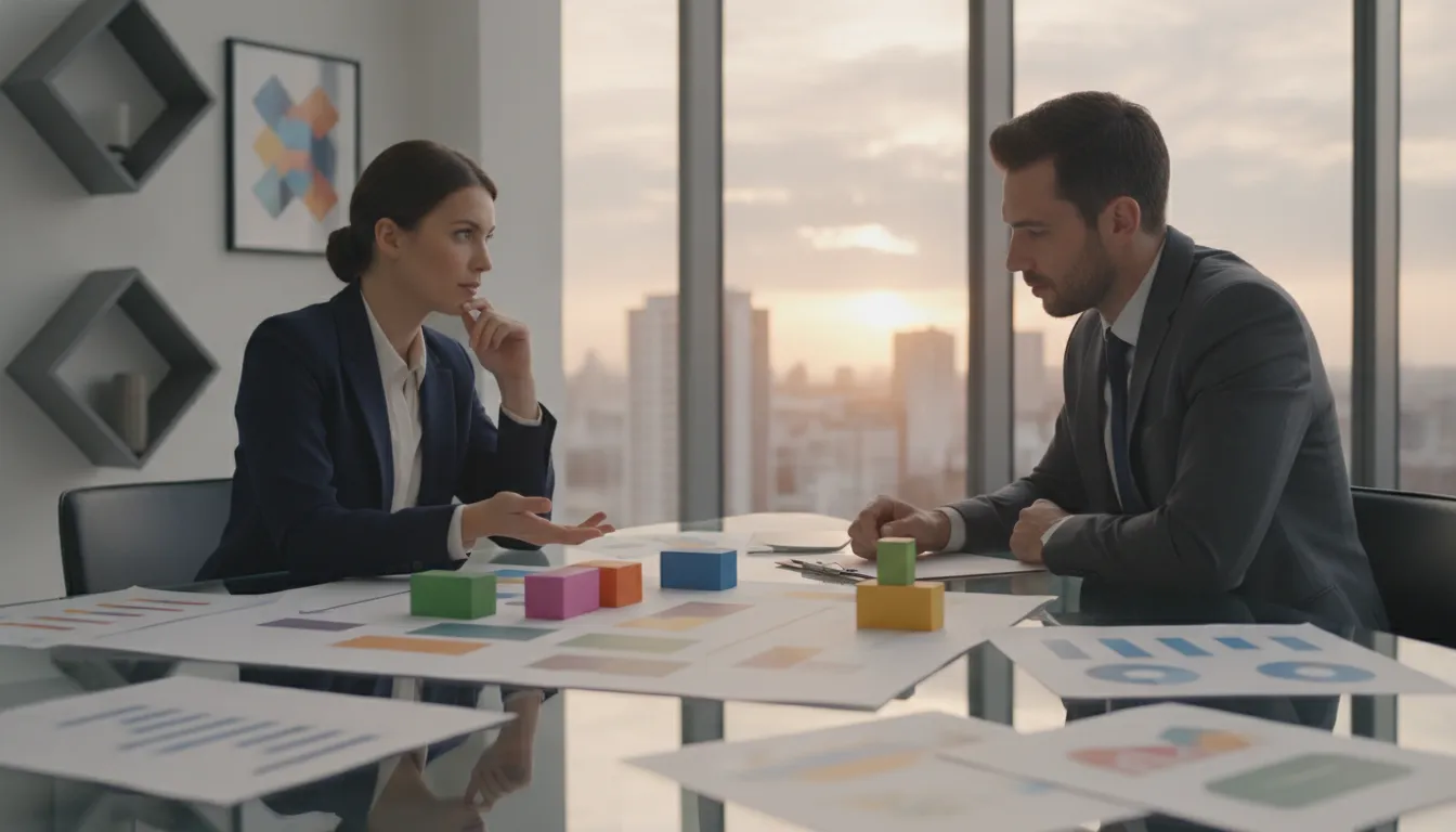 Real estate investor and financial advisor reviewing portfolio documents in a professional office setting