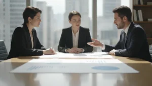 Financial advisor and real estate sponsor reviewing partnership fund statements with an investor in a modern office