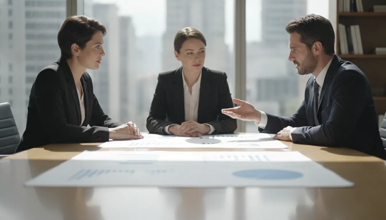 Financial advisor and real estate sponsor reviewing partnership fund statements with an investor in a modern office