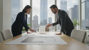 Real estate advisor reviewing portfolio documents with an investor in a modern office
