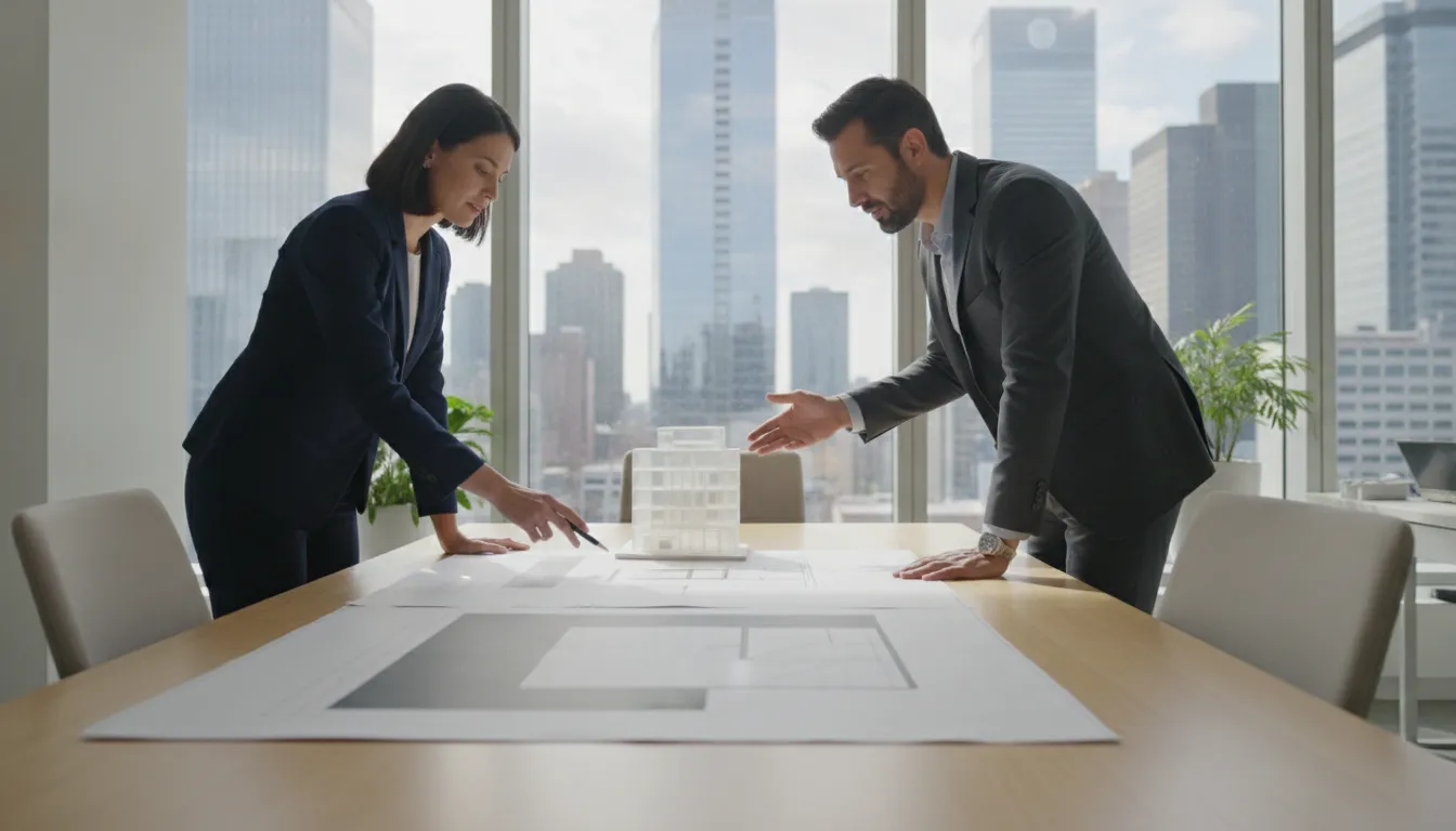 Real estate advisor reviewing portfolio documents with an investor in a modern office