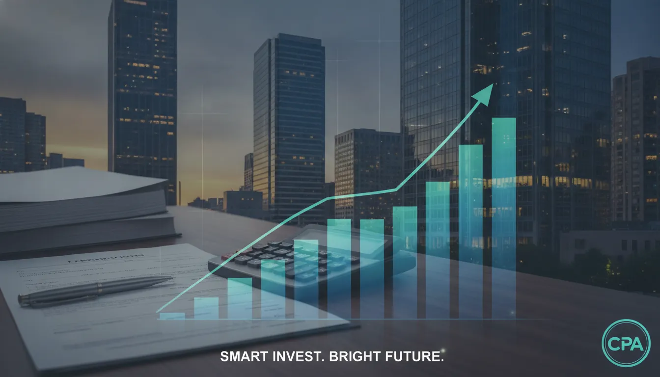 Real estate investor reviewing tax documents and financial charts in a modern office